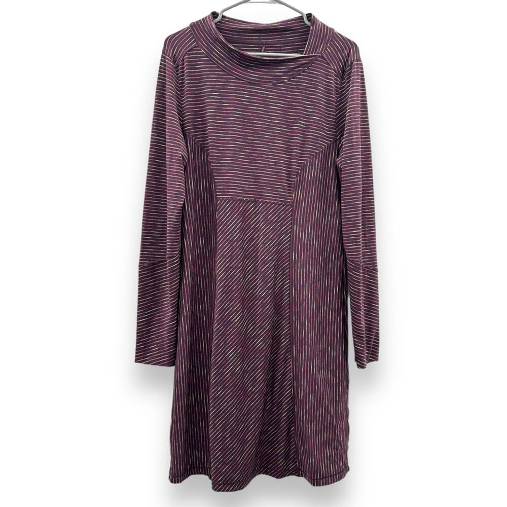 Prana Alicia Scramble Purple Multi Striped Mock Neck Long Sleeve Dress Sz L